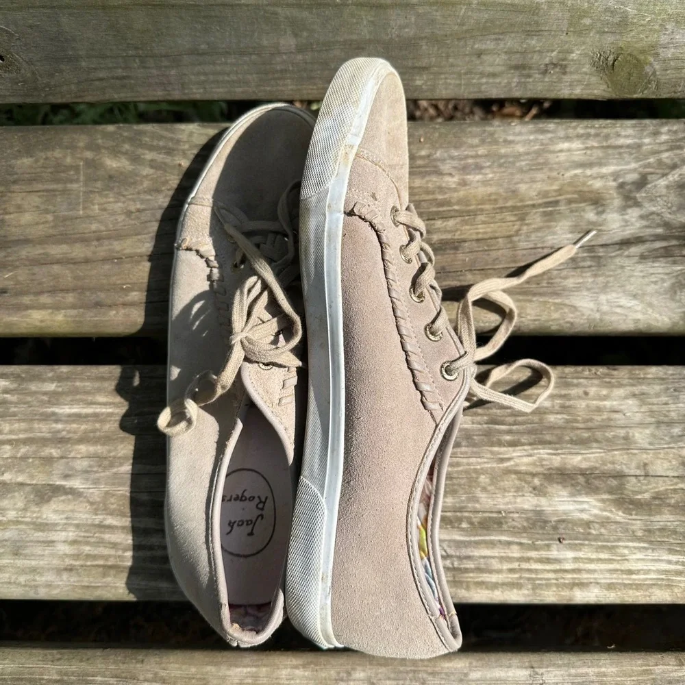 Jack Rogers Carter Tan‎ Suede Whipstitch Lace Up Sneakers Floral Boho Size 11